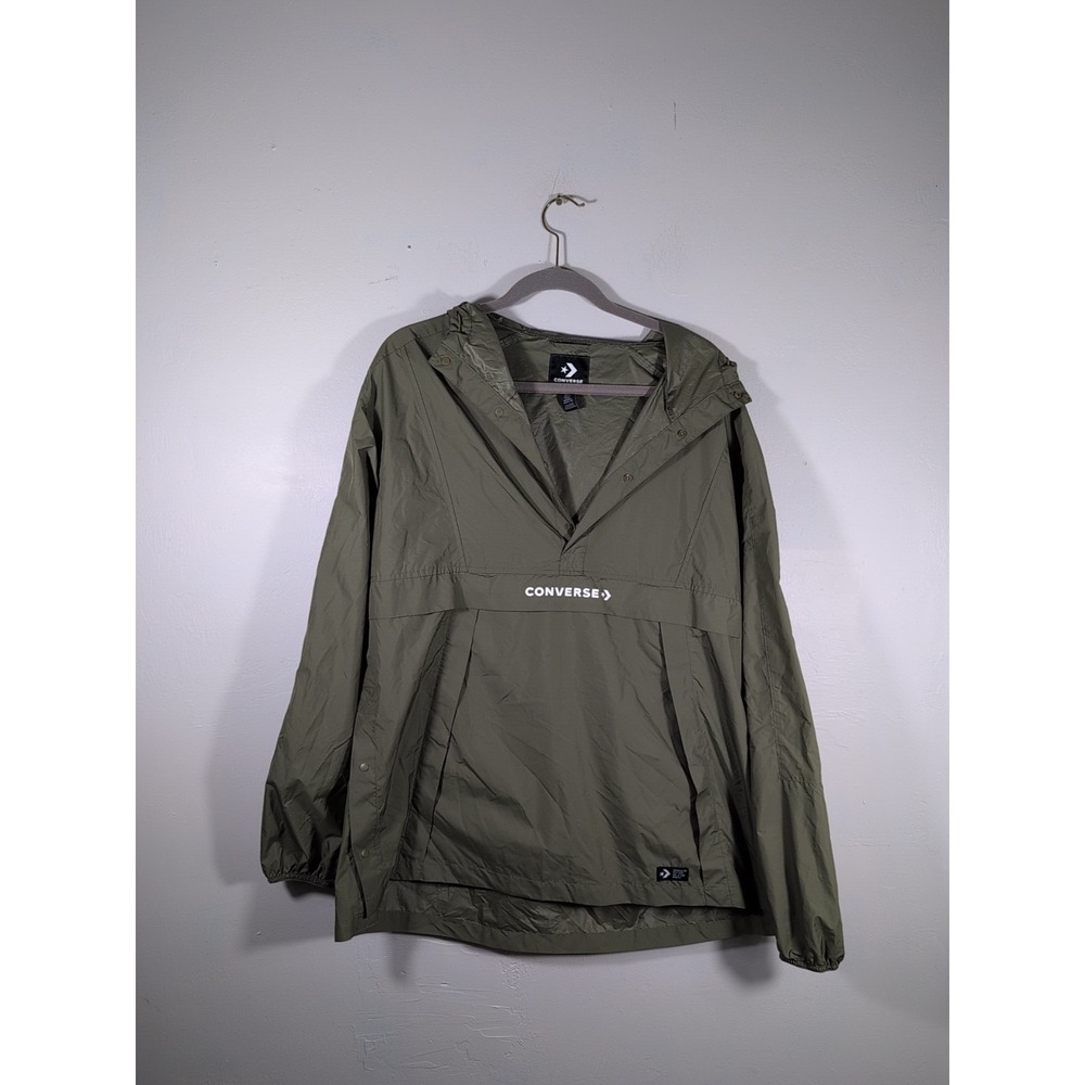 Converse Hooded Windbreaker Half-Snap Pullover Jacket Army Green Size L